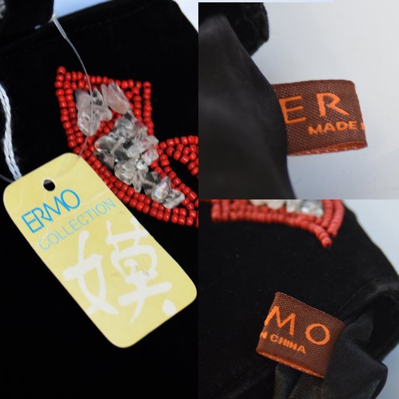 Vintage NEW w/tag Velvet Beaded Black Bag, Ermo Collection Rock/Clear/Seed Beads - Picture 12 of 15